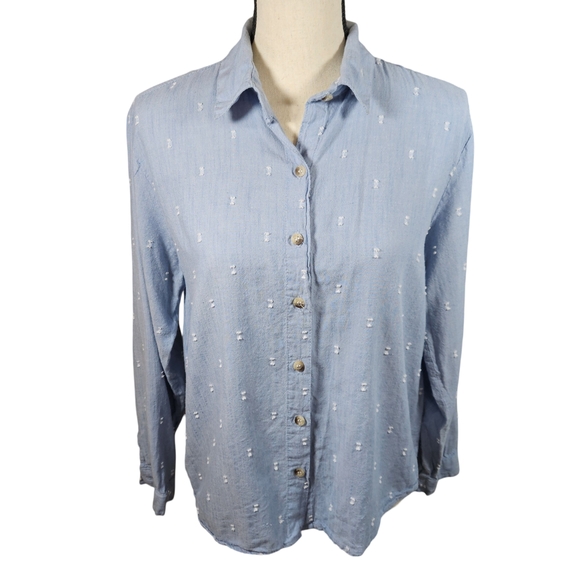 Sim&Sam Long Sleeve Button Up Blouse, Blue/White, Medium - Picture 1 of 11